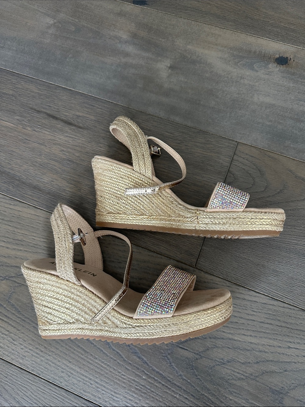 Anne Klein Beige Rhinestone Strap Slingback Sandals